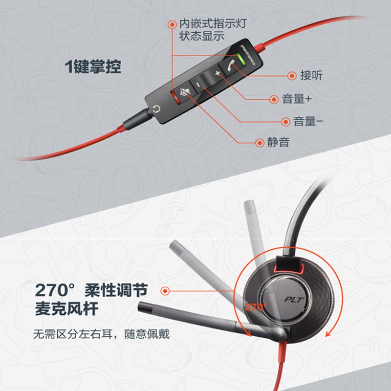 缤特力（Plantronics）C5220 USB+3.5MM 线控耳机耳麦带话筒 会议电话 直连电脑+手机/平板